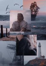 Колаж із зображенням основних образів твору: чайки, корабель, порт, маяк і, звісно ж, море